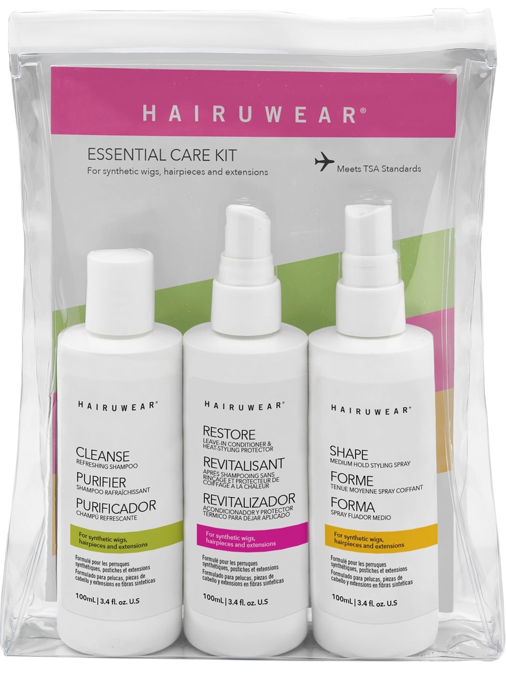HairUWear Essential Care Travel Kit Shampoo, Conditioner & Spray 3.4 oz TSA Safe